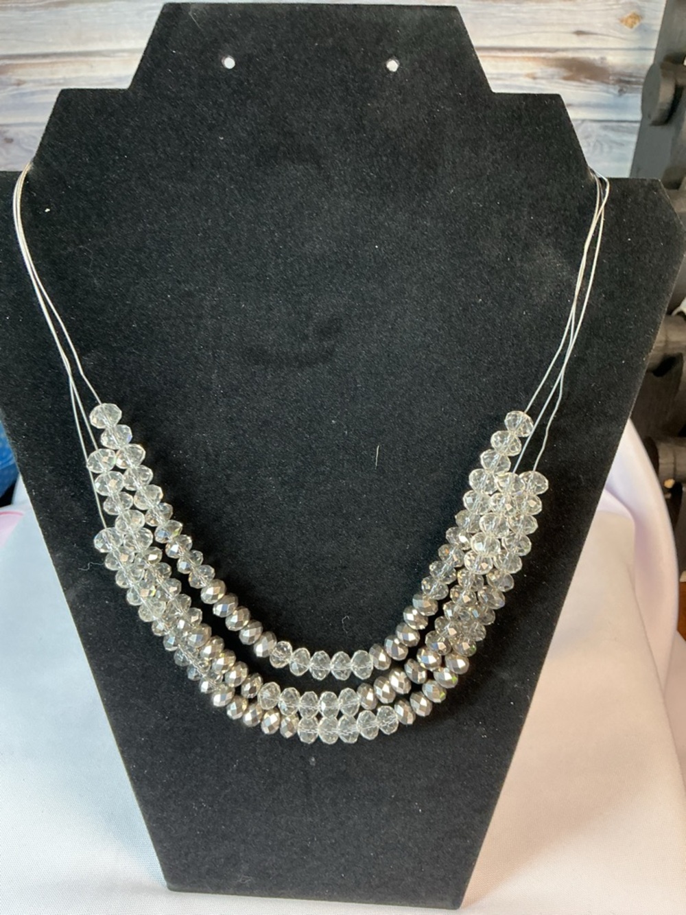 Silver Crystal Multi Strand Necklace Layered Beaded Statement